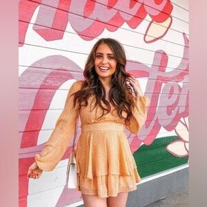 Goodnight Macaroon Fallyn' Orange Yellow Dotted Print Frilled Wrap Romper